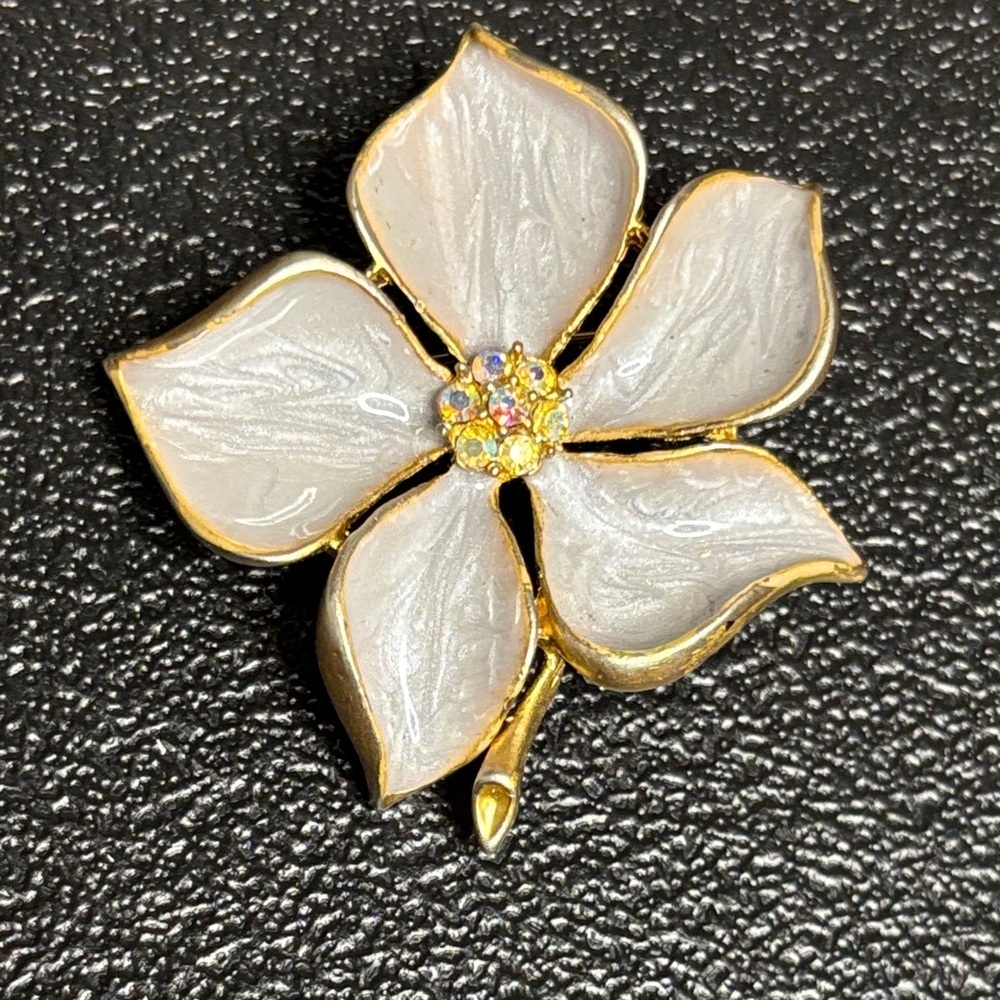 Elegant AB Aurora Borealis Gold and Silver Enamel Floral Brooch